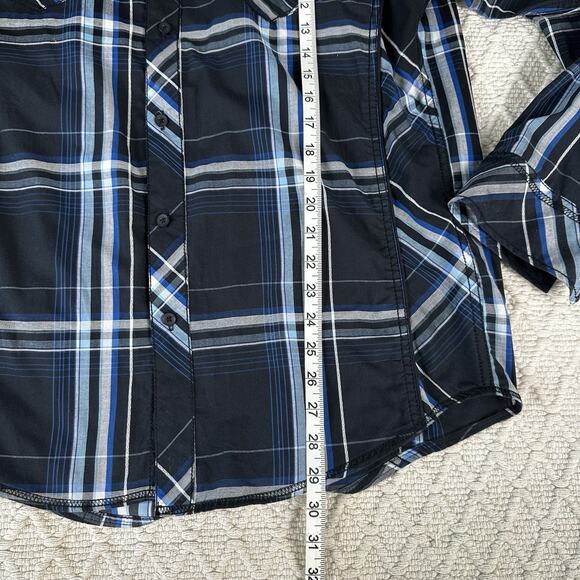 Carbon Men's Large Western Plaid Button Shirt Black Blue Long Sleeve - Picture 7 of 8